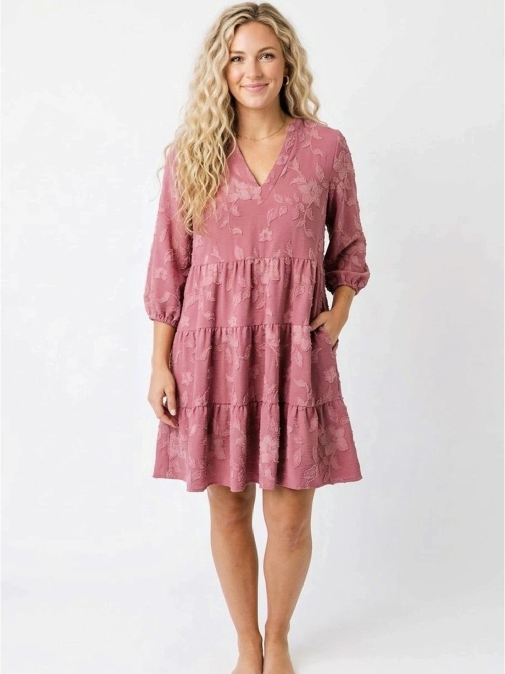 Joie Mauve Pink Floral Clip Jacquard Tiered Babydoll Mini Dress L